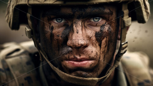 Generative AI close-up portrait of a soldier with a dirty face during a battle - Starpik Stock