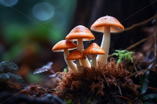 Generative AI forest mushrooms that grow near a tree - Starpik Stock