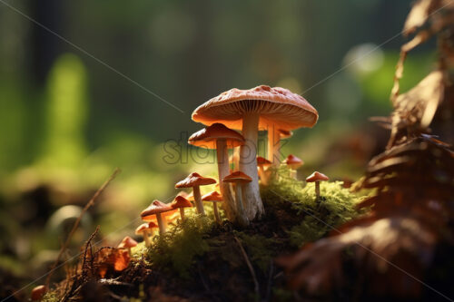 Generative AI forest mushrooms that grow near a tree - Starpik Stock