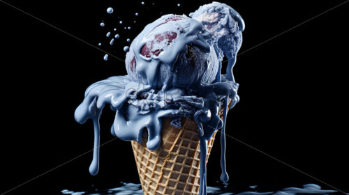 Generative AI ice cream on melting cone, on a black background - Starpik Stock