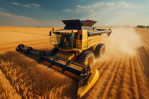 Generative AI on a field of wheat a combine harvests the fruit - Starpik Stock