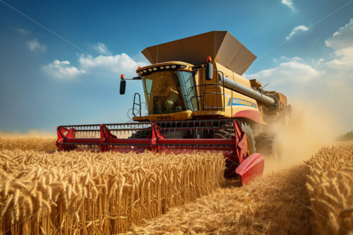 Generative AI on a field of wheat a combine harvests the fruit - Starpik Stock