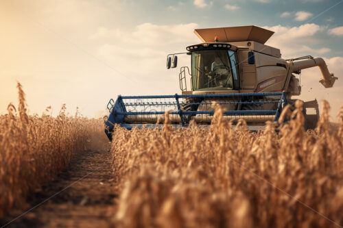 Generative AI on a field of wheat a combine harvests the fruit - Starpik Stock