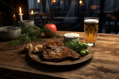 Generative AI on a plate a piece of cooked meat and a glass of beer - Starpik Stock