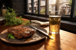 Generative AI on a plate a piece of cooked meat and a glass of beer - Starpik Stock