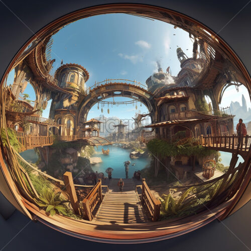 Generative AI passage that reflects the point of view of a character connected to a VR headset, fantasy world with bridge and castle - Starpik Stock