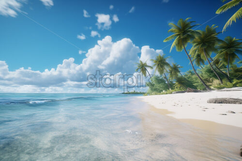Generative AI the beach of a tropical island full of sand and palm trees - Starpik Stock