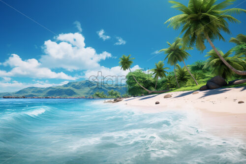 Generative AI the beach of a tropical island full of sand and palm trees - Starpik Stock