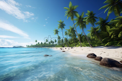 Generative AI the beach of a tropical island full of sand and palm trees - Starpik Stock