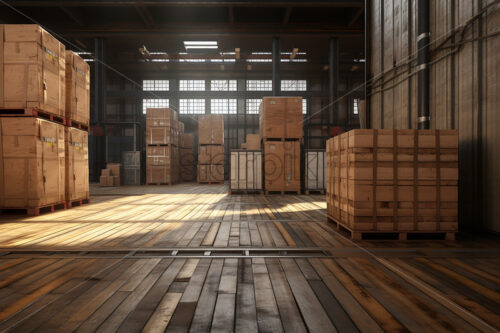 Generative AI the inside of a huge warehouse with many boxes - Starpik Stock