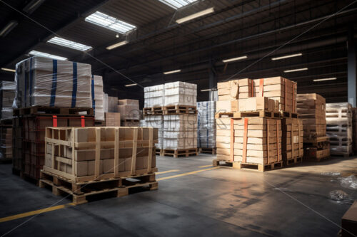 Generative AI the inside of a huge warehouse with many boxes - Starpik Stock