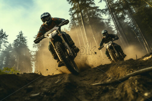 Generative AI two motorcyclists doing extreme sports with mopeds in the forest - Starpik Stock
