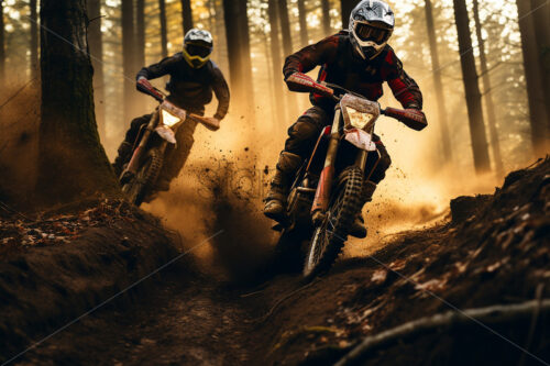 Generative AI two motorcyclists doing extreme sports with mopeds in the forest - Starpik Stock