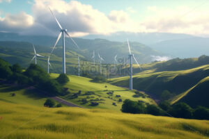 Generative AI wind turbines that are located on some hills and open a wonderful view - Starpik Stock