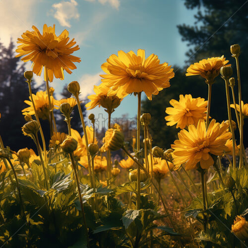 Generative AI yellow flowers in a field close up - Starpik Stock