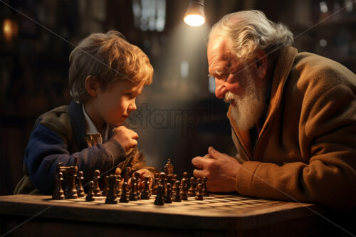 Grandfather and his grandson playing chess generated by AI - Starpik