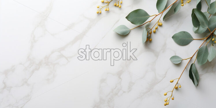 Green leaves on marble background card invitation - Starpik Stock