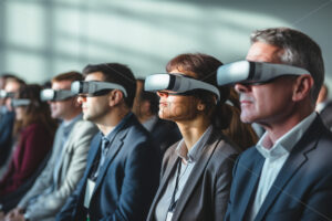 Group of people at a conference in VR glasses business themes, virtual reality - Starpik Stock