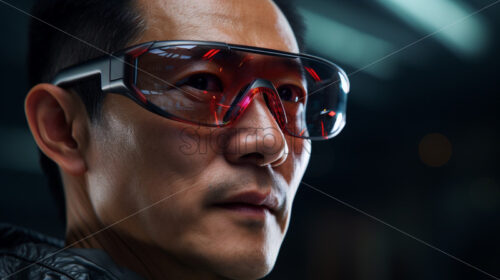 Japanese man in red pink transparent futuristic glasses - Starpik Stock