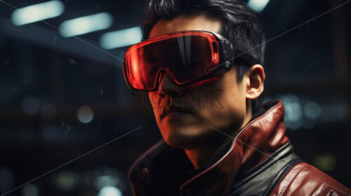 Japanese man in red pink transparent futuristic glasses - Starpik Stock