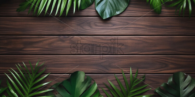 Leaves of tropical plants on a wooden background - Starpik Stock