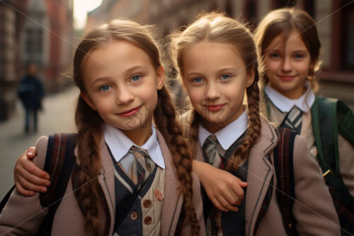 Little girls in school uniform smiling and laughing. back to school portraits - Starpik