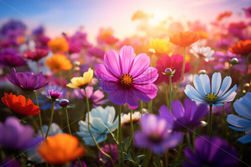 Lots of flowers of various vibrant colors on a meadow - Starpik Stock