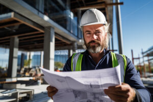 Man architect at the construction, holding a projects analyzing - Starpik