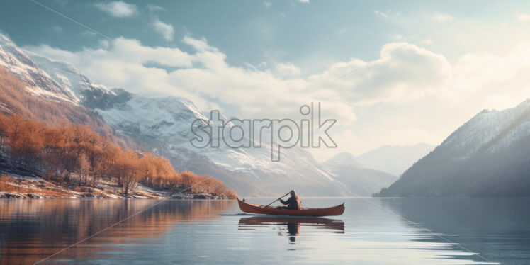 Man on a canoe in the lake winter time - Starpik Stock