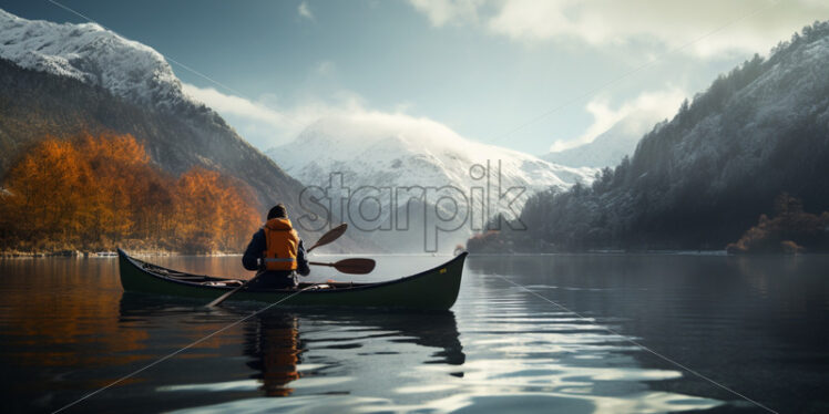 Man on a canoe in the lake winter time - Starpik Stock