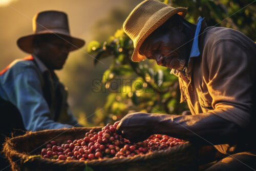 Man workers collecting holding coffee beans harvesting fresh soft colours - Starpik