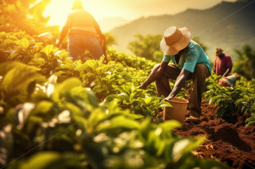 Man workers collecting holding coffee beans harvesting fresh soft colours - Starpik