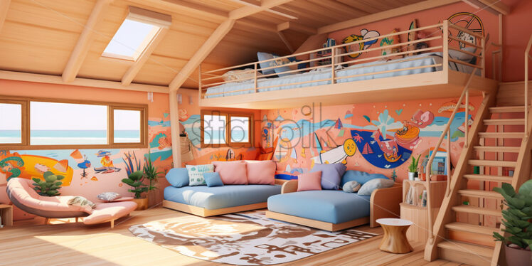 Modern apartment architecture in the beach side with clear glass in a refereshing ambience in a peach and white theme a beach theme wall paint couch and bedframe - Starpik Stock