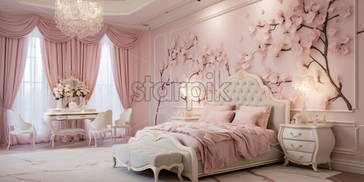 Modern apartment architecture in the city with elegant theme in a cozy ambience in a pink and white theme a cozy girl theme cozy couch and a bedframe with sakura tree wall design on the head board - Starpik Stock