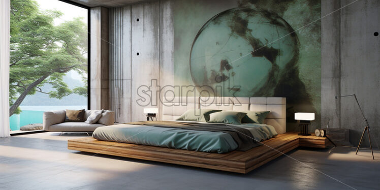 Modern apartment architecture in the country side with clear glass wall and mini couch with relaxing ambience in a classic globe wall paint on the head board  - Starpik Stock
