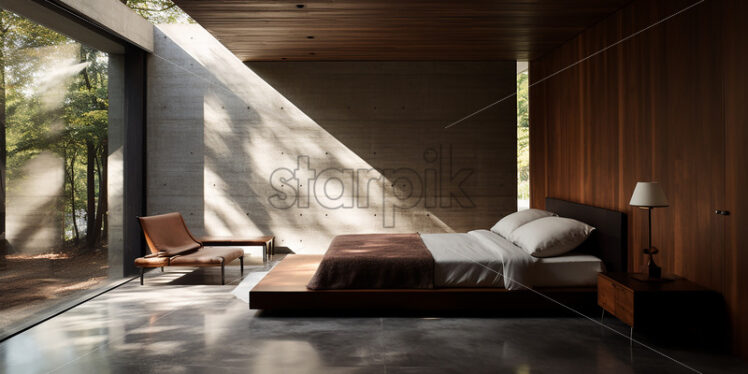 Modern apartment architecture in the country side with clear glass wall in front of the bed with relaxing ambience in a classic close to nature theme of bedroom with wood theme - Starpik Stock