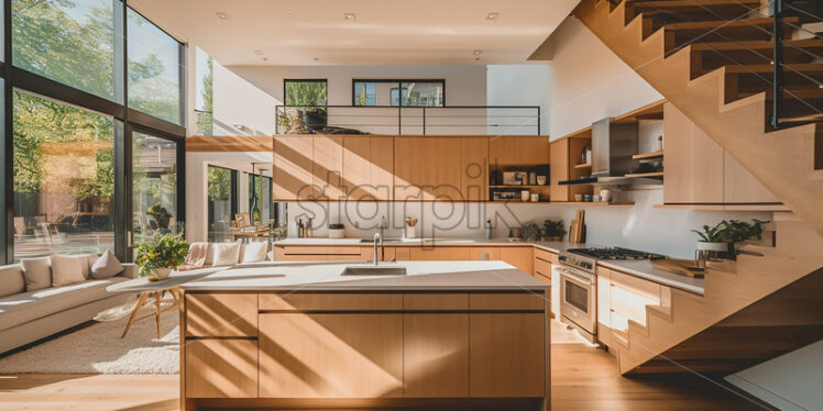 Modern house architecture in the city with clear glass wall in the kitchen and dining table with bright ambience in a wood and white theme with modern couch and indoor plants - Starpik Stock