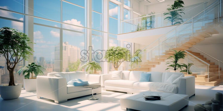 Modern house architecture in the city with clear glass wall in the lounge and  second floor with wooden stair and a bright ambience on cozy couch with indoor plants - Starpik Stock