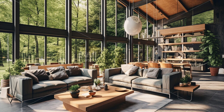 Modern house architecture in the country side with clear glass wall in the lounge and  dining table on a bright ambience cozy couch with indoor plants and shelves - Starpik Stock
