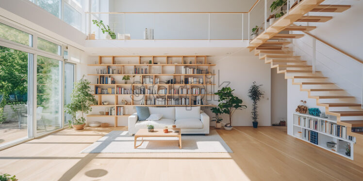 Modern house in the city , clear glass wall on the second floor and clear glass sliding door, minimalist couch and wooden book shelves with wooden stair, an elegant ambience - Starpik Stock