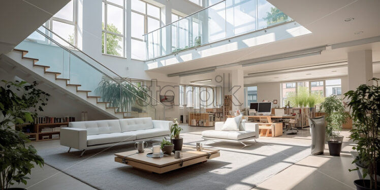 Modern house in the city , clear glass wall on the second floor, cozy lounge and book shelves with classy stair, an elegant ambience with white theme and indoor plants - Starpik Stock