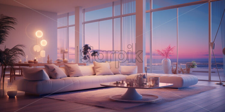 Modern luxury living room at sunset - Starpik Stock