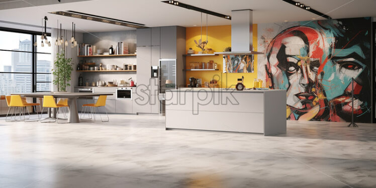 Modern spacious house architecture in the city with clear glass wall in the kitchen and dining table with bright ambience in a gray and yellow theme with modern couch and indoor hanging plants - Starpik Stock