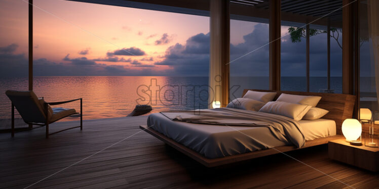 Modern vacation house in a beach side a classic bedroom with balcony, beach chair wood design in the furniture classy bedframe in a wood theme - Starpik Stock