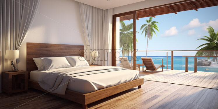 Modern vacation house in a beach side a wooden bedroom with balcony, beach chair, two lamp shade and classy bedframe in a white and wood theme - Starpik Stock