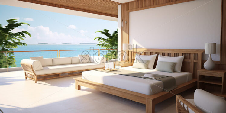 Modern vacation house in a beach side a wooden bedroom with balcony, cozy couch and classy bedframe in a white and wood theme - Starpik Stock