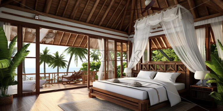 Modern vacation house in a beach side a wooden bedroom with balcony, cozy couch, beach chair and classy bedframe in a  rattan theme with indoor plants - Starpik Stock