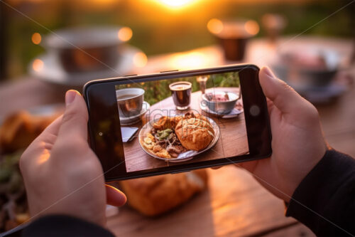 One hand holds a phone photographing a table full of dishes - Starpik Stock