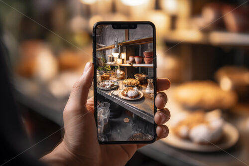 One hand holds a phone photographing a table full of dishes - Starpik Stock