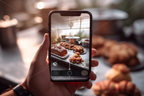 One hand holds a phone photographing a table full of dishes - Starpik Stock